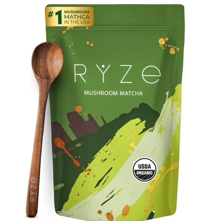 Pouch of RYZE organic mushroom matcha, 30 servings